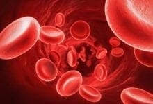Ilustración de glóbulos rojos en el torrente sanguíneo