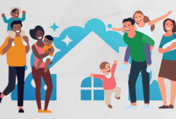 Animated imaged of two families with newborn babies standing in front of a house.