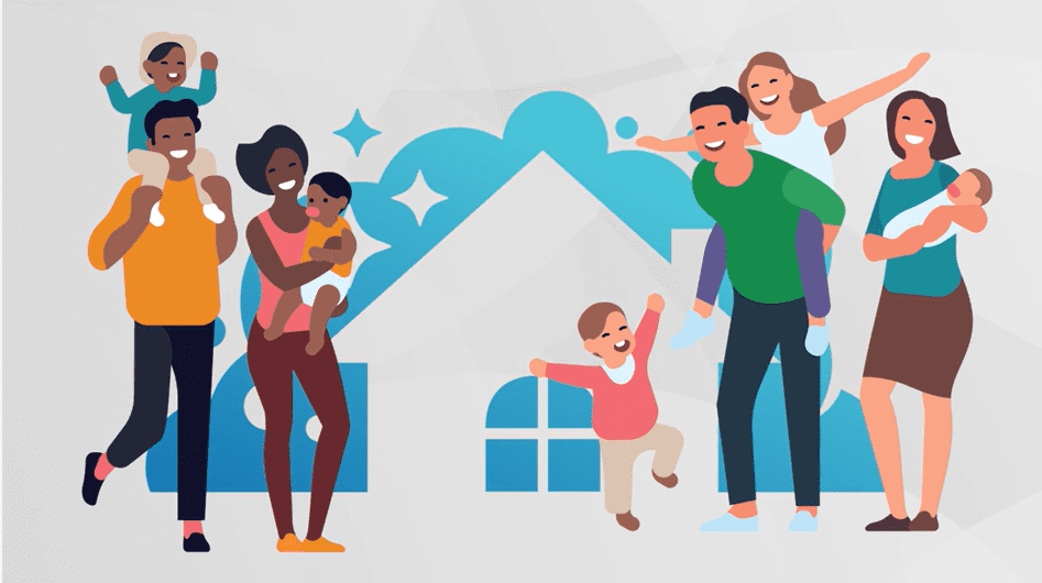 Animated imaged of two families with newborn babies standing in front of a house.